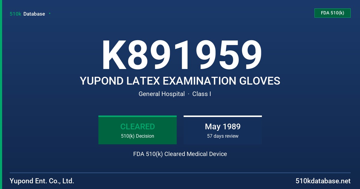 K891959 YUPOND LATEX EXAMINATION GLOVES FDA 510(k) Cleared Medical Device