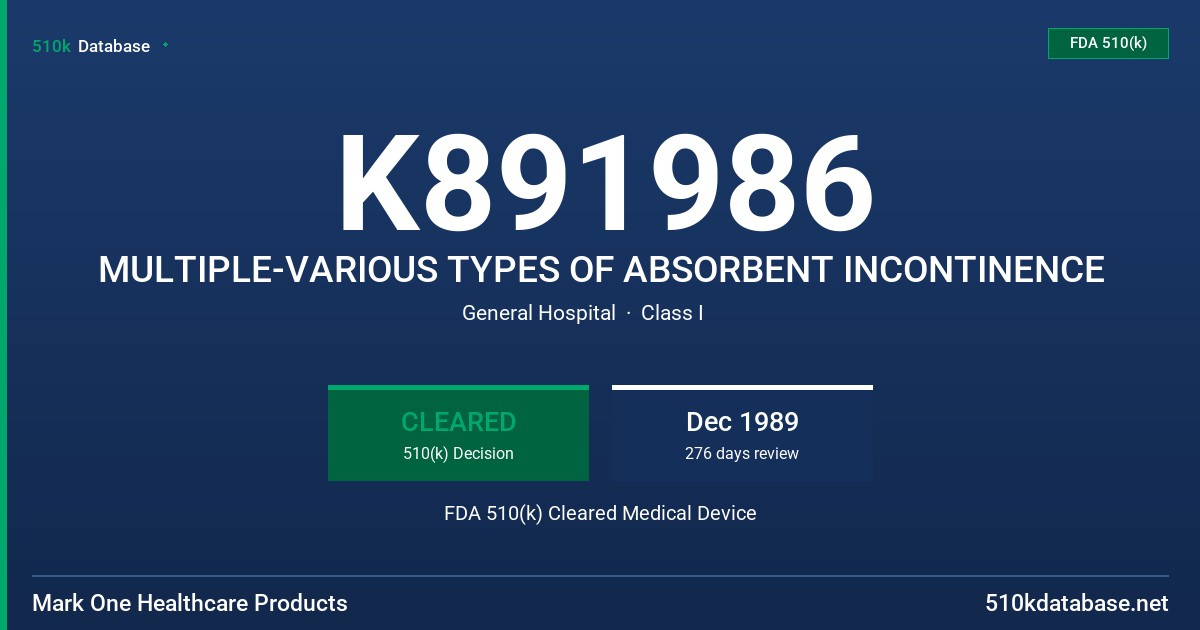 K891986 MULTIPLE-VARIOUS TYPES OF ABSORBENT INCONTINENCE FDA 510(k) Cleared Medical Device