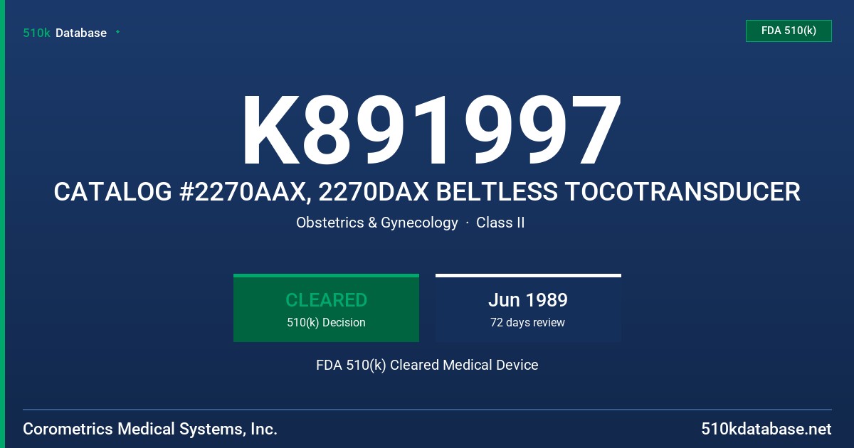 K891997 CATALOG #2270AAX, 2270DAX BELTLESS TOCOTRANSDUCER FDA 510(k) Cleared Medical Device
