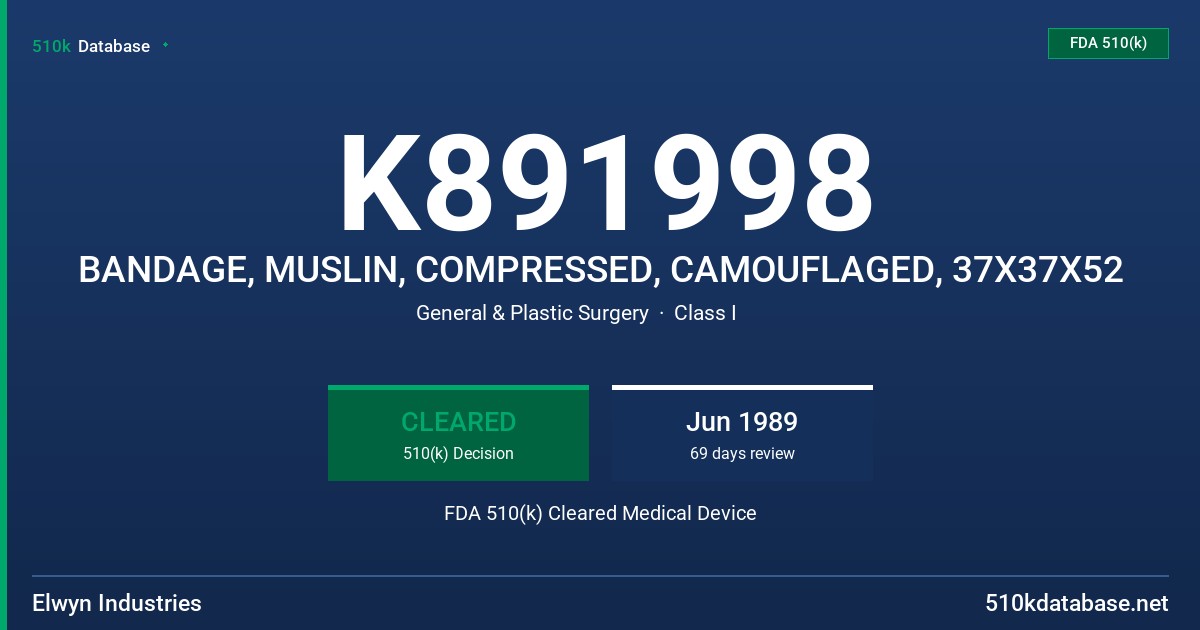 K891998 BANDAGE, MUSLIN, COMPRESSED, CAMOUFLAGED, 37X37X52 FDA 510(k) Cleared Medical Device
