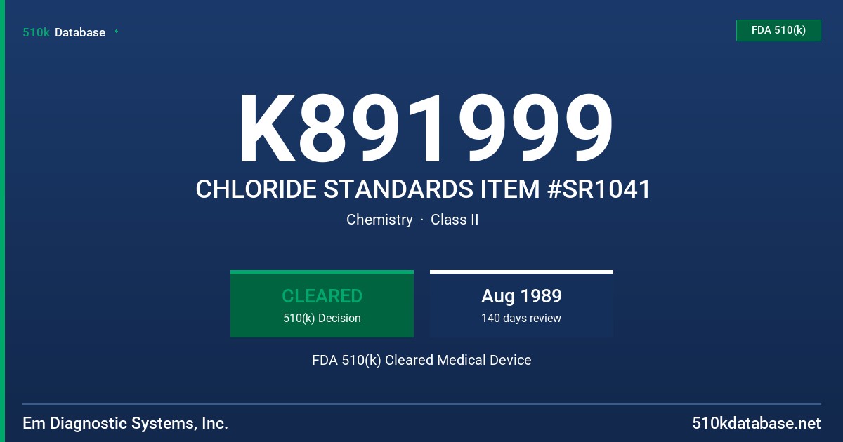 K891999 CHLORIDE STANDARDS ITEM #SR1041 FDA 510(k) Cleared Medical Device