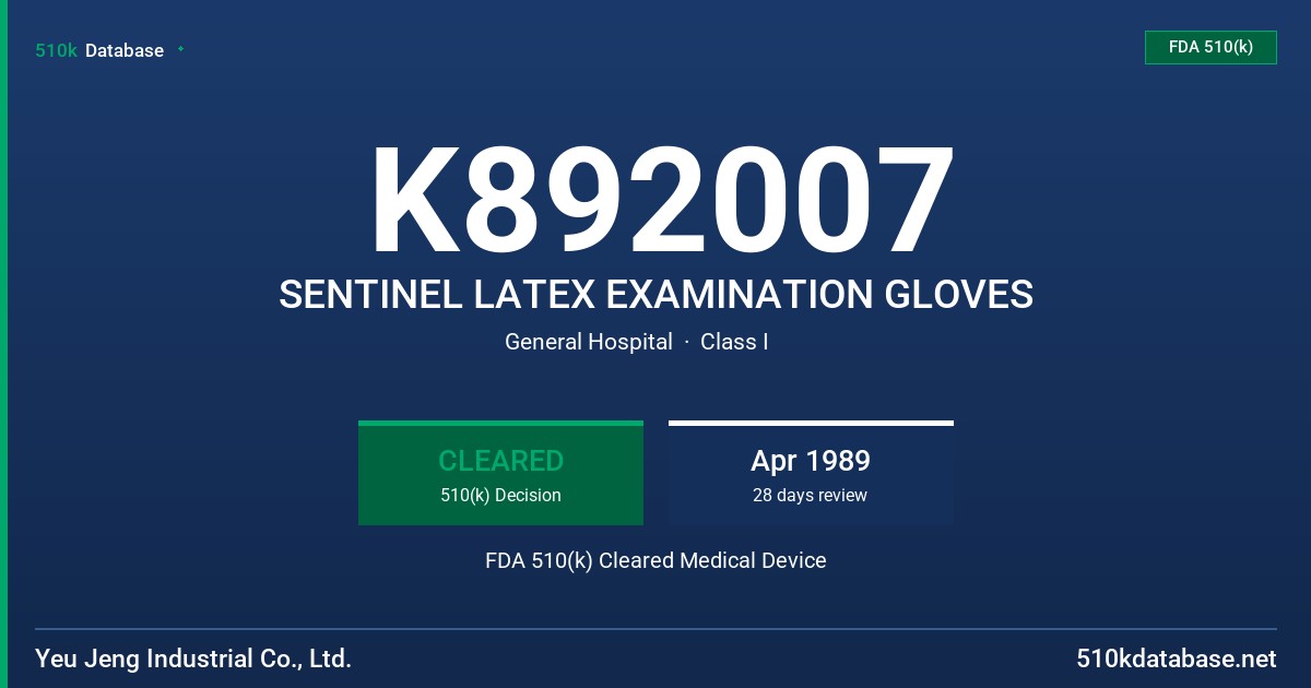 K892007 SENTINEL LATEX EXAMINATION GLOVES FDA 510(k) Cleared Medical Device