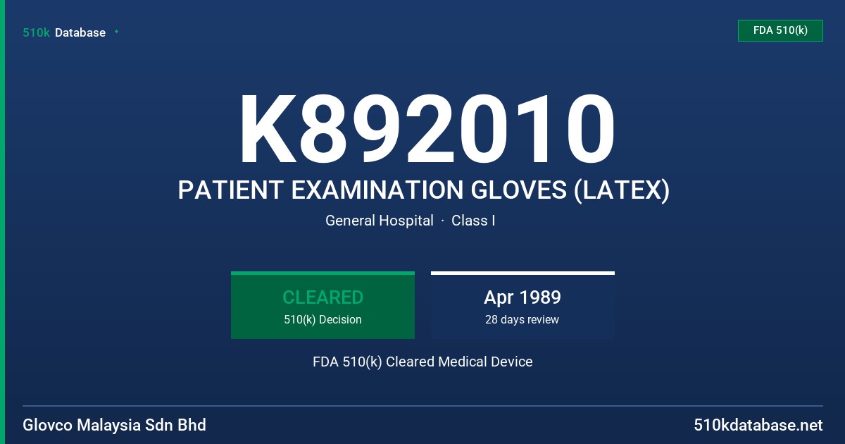 K892010 PATIENT EXAMINATION GLOVES (LATEX) FDA 510(k) Cleared Medical Device