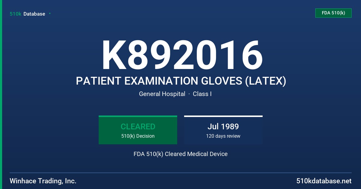 K892016 PATIENT EXAMINATION GLOVES (LATEX) FDA 510(k) Cleared Medical Device