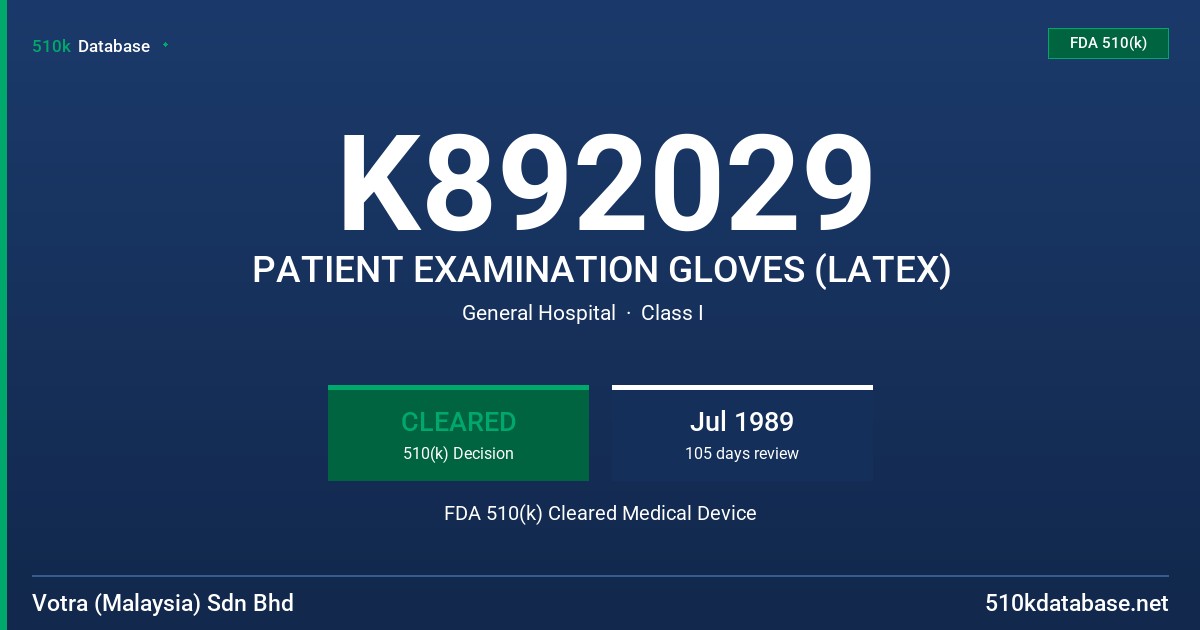 K892029 PATIENT EXAMINATION GLOVES (LATEX) FDA 510(k) Cleared Medical Device
