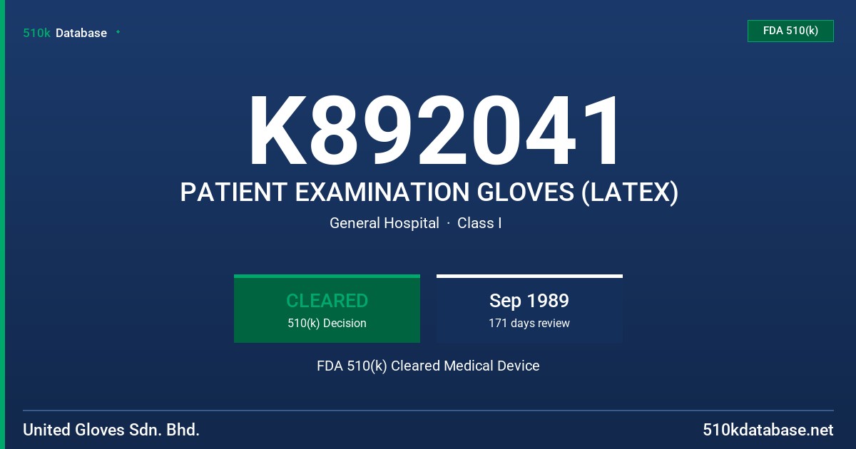 K892041 PATIENT EXAMINATION GLOVES (LATEX) FDA 510(k) Cleared Medical Device