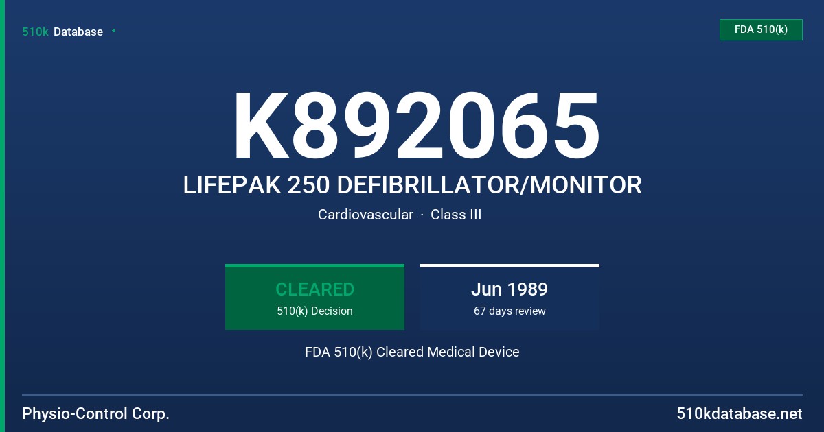 K892065 LIFEPAK 250 DEFIBRILLATOR/MONITOR FDA 510(k) Cleared Medical Device