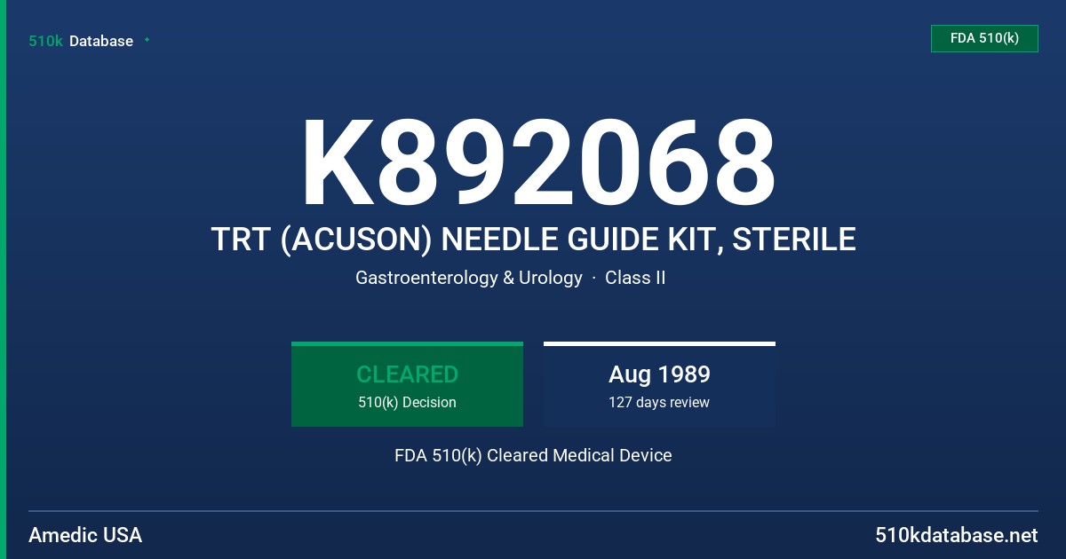 K892068 TRT (ACUSON) NEEDLE GUIDE KIT, STERILE FDA 510(k) Cleared Medical Device