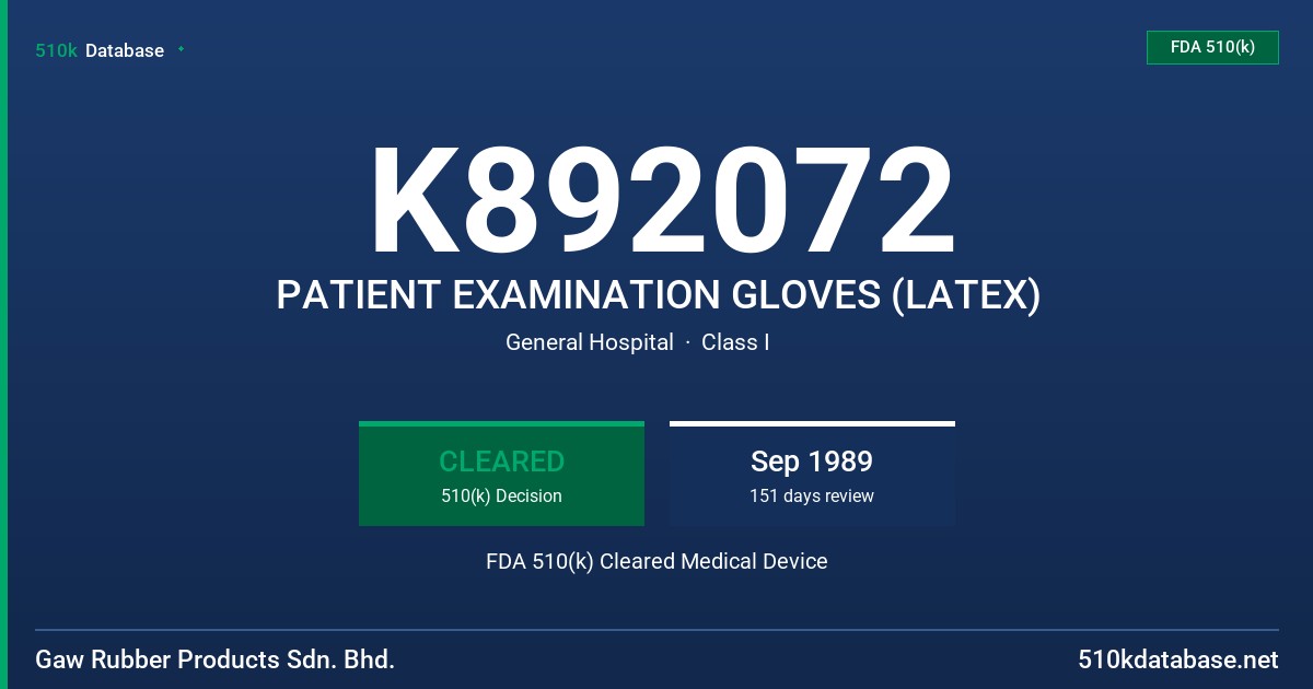 K892072 PATIENT EXAMINATION GLOVES (LATEX) FDA 510(k) Cleared Medical Device