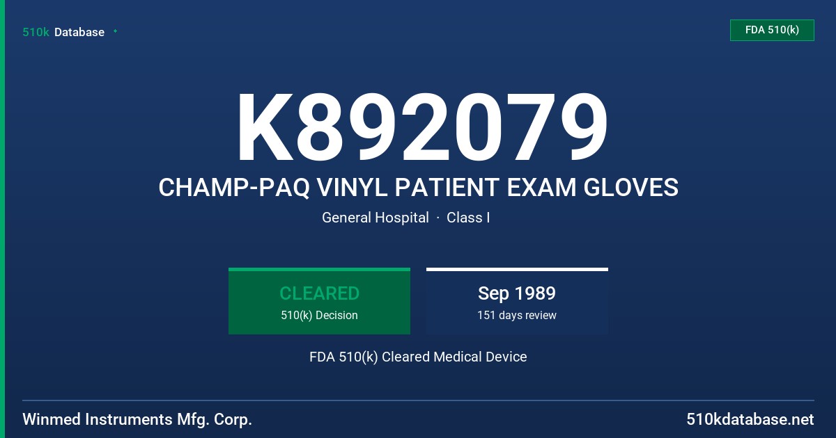K892079 CHAMP-PAQ VINYL PATIENT EXAM GLOVES FDA 510(k) Cleared Medical Device