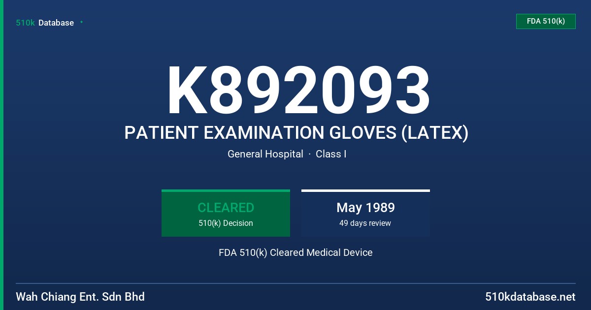 K892093 PATIENT EXAMINATION GLOVES (LATEX) FDA 510(k) Cleared Medical Device