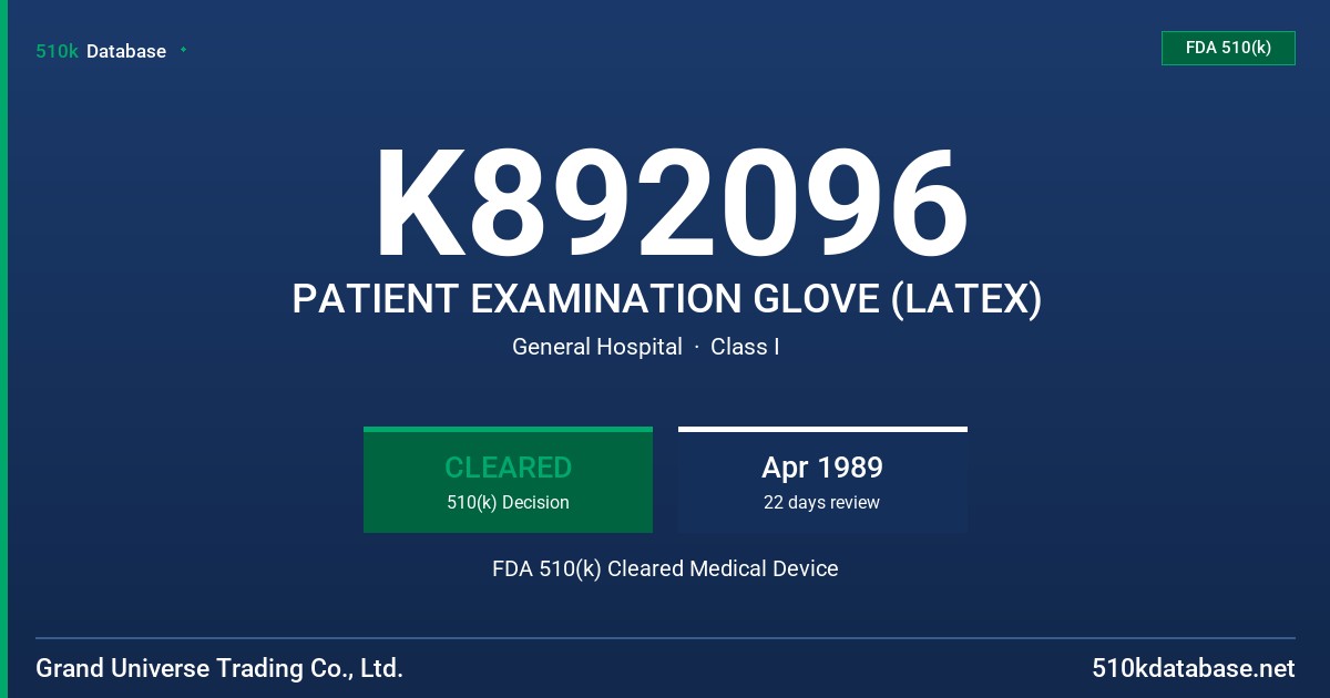K892096 PATIENT EXAMINATION GLOVE (LATEX) FDA 510(k) Cleared Medical Device
