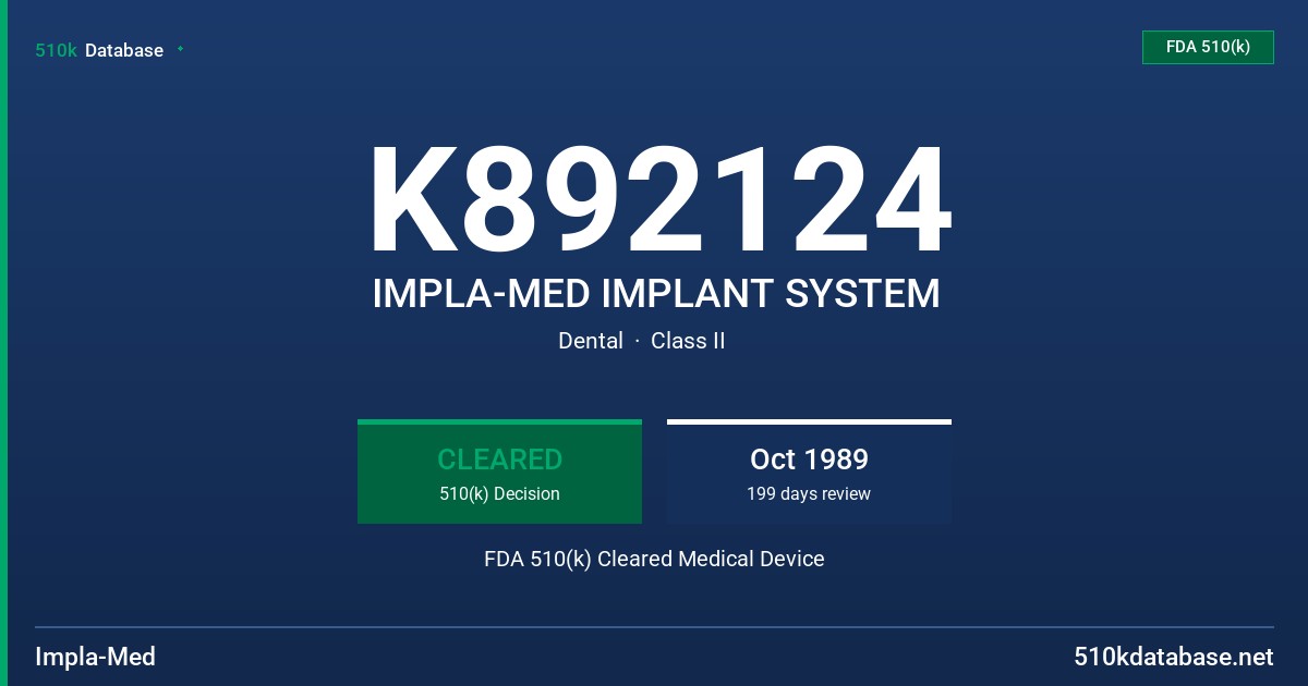 K892124 IMPLA-MED IMPLANT SYSTEM FDA 510(k) Cleared Medical Device