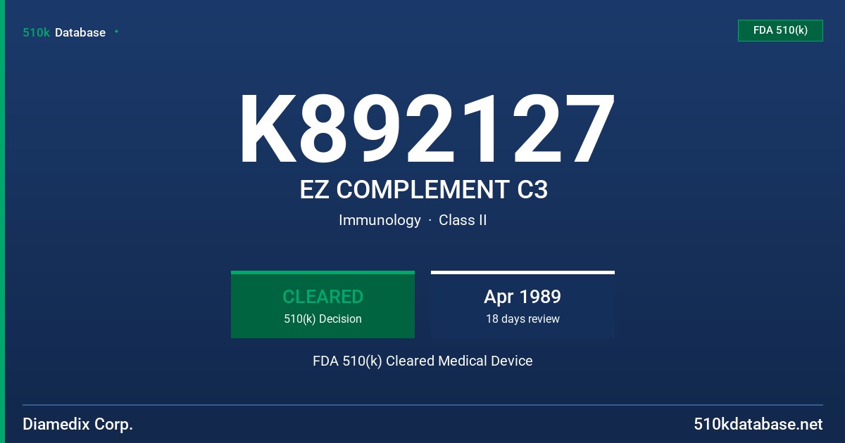 K892127 EZ COMPLEMENT C3 FDA 510(k) Cleared Medical Device
