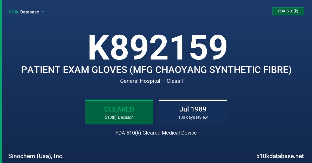 K892159 PATIENT EXAM GLOVES (MFG CHAOYANG SYNTHETIC FIBRE) FDA 510(k) Cleared Medical Device