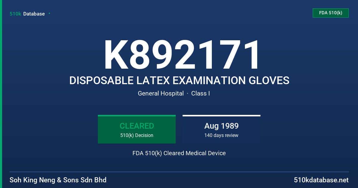 K892171 DISPOSABLE LATEX EXAMINATION GLOVES FDA 510(k) Cleared Medical Device
