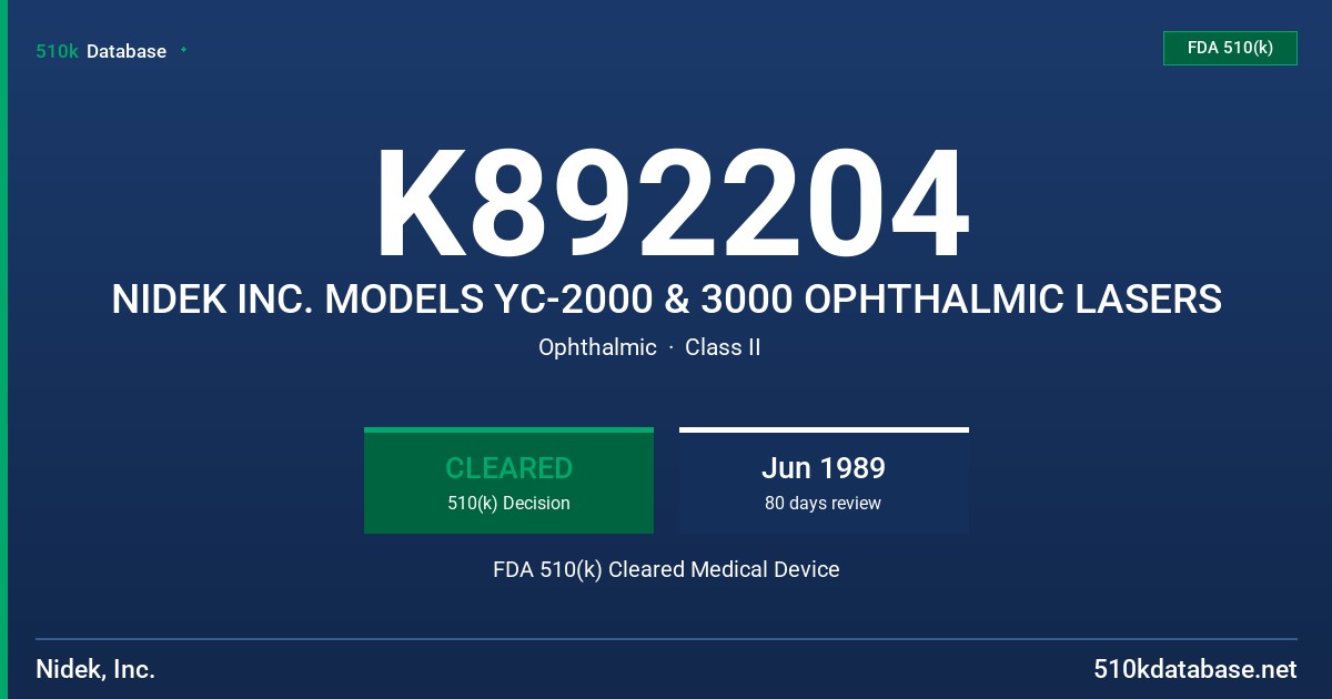 K892204 NIDEK INC. MODELS YC-2000 & 3000 OPHTHALMIC LASERS FDA 510(k) Cleared Medical Device