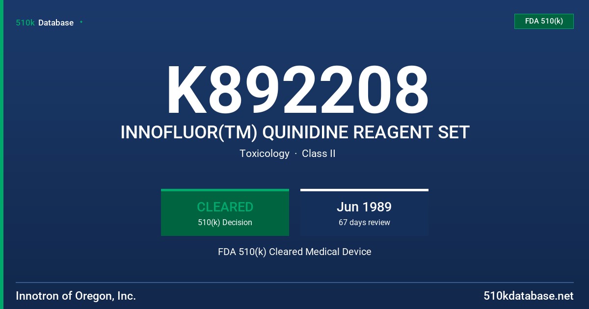 K892208 INNOFLUOR(TM) QUINIDINE REAGENT SET FDA 510(k) Cleared Medical Device