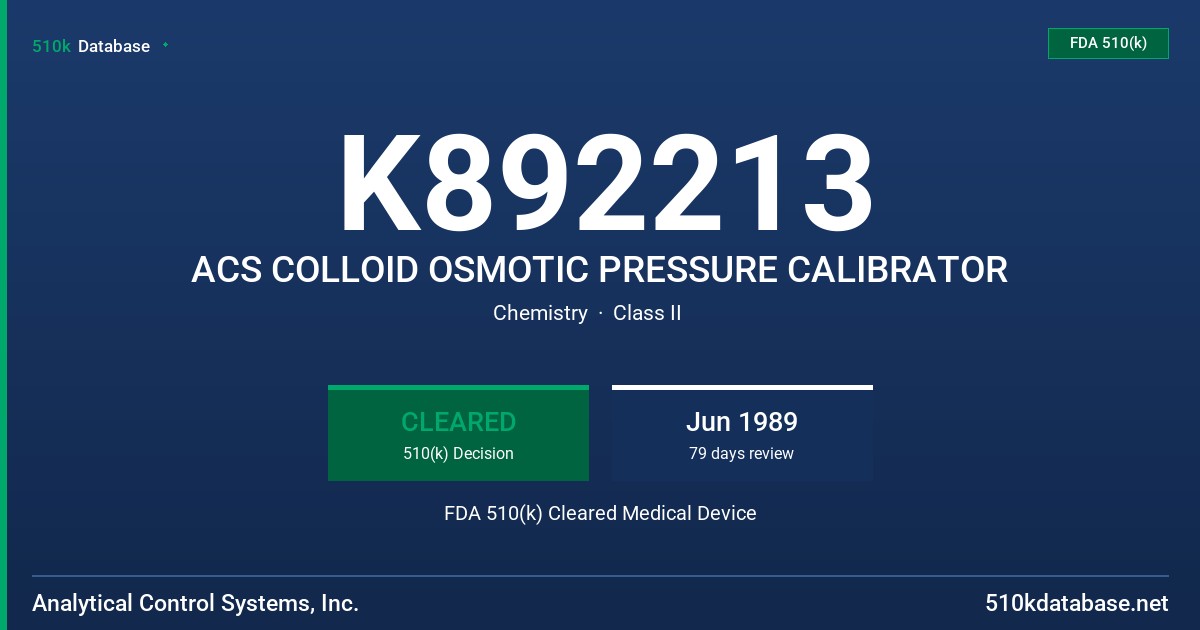 K892213 ACS COLLOID OSMOTIC PRESSURE CALIBRATOR FDA 510(k) Cleared Medical Device