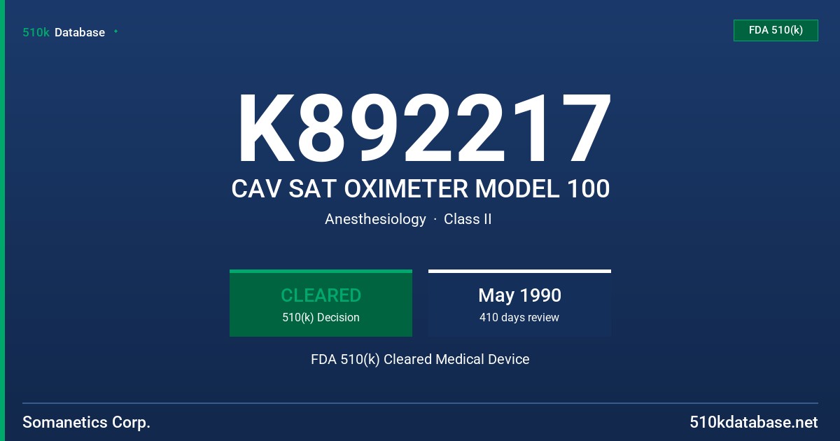K892217 CAV SAT OXIMETER MODEL 100 FDA 510(k) Cleared Medical Device
