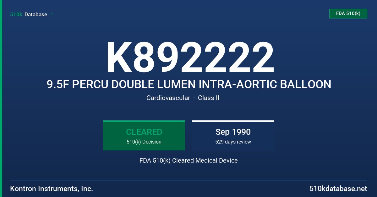 K892222 9.5F PERCU DOUBLE LUMEN INTRA-AORTIC BALLOON FDA 510(k) Cleared Medical Device