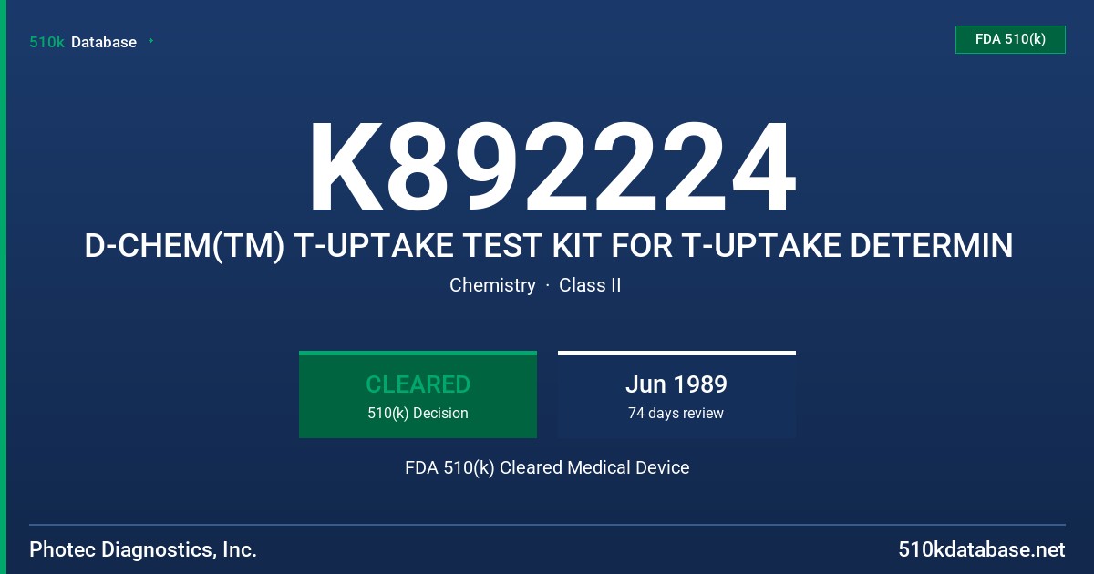 K892224 D-CHEM(TM) T-UPTAKE TEST KIT FOR T-UPTAKE DETERMIN FDA 510(k) Cleared Medical Device