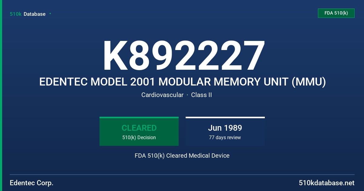 K892227 EDENTEC MODEL 2001 MODULAR MEMORY UNIT (MMU) FDA 510(k) Cleared Medical Device
