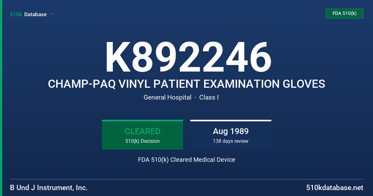K892246 CHAMP-PAQ VINYL PATIENT EXAMINATION GLOVES FDA 510(k) Cleared Medical Device
