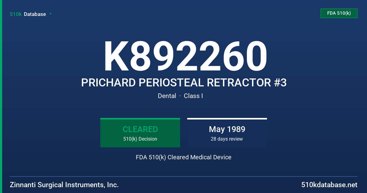K892260 PRICHARD PERIOSTEAL RETRACTOR #3 FDA 510(k) Cleared Medical Device