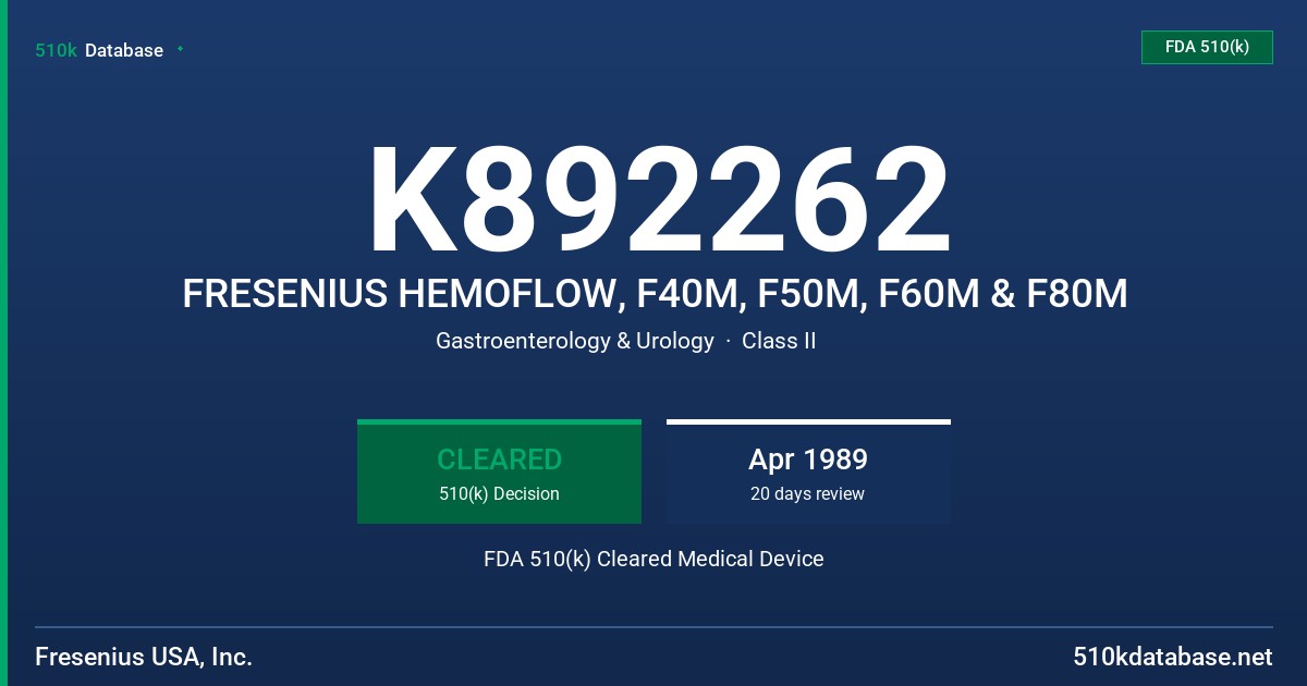 K892262 FRESENIUS HEMOFLOW, F40M, F50M, F60M & F80M FDA 510(k) Cleared Medical Device