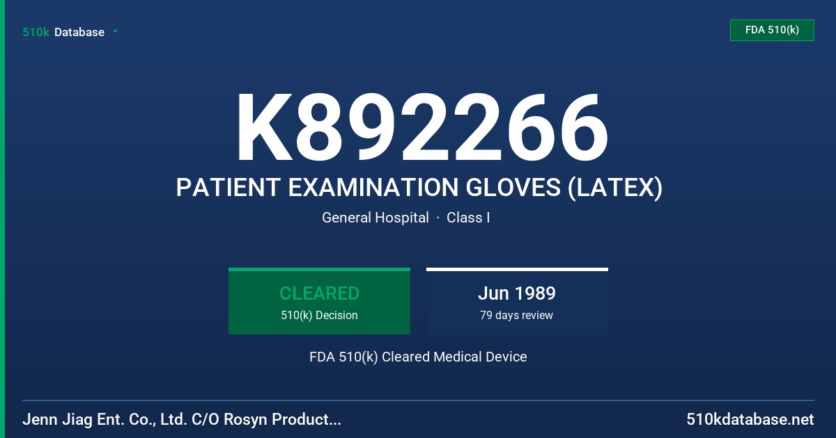 K892266 PATIENT EXAMINATION GLOVES (LATEX) FDA 510(k) Cleared Medical Device