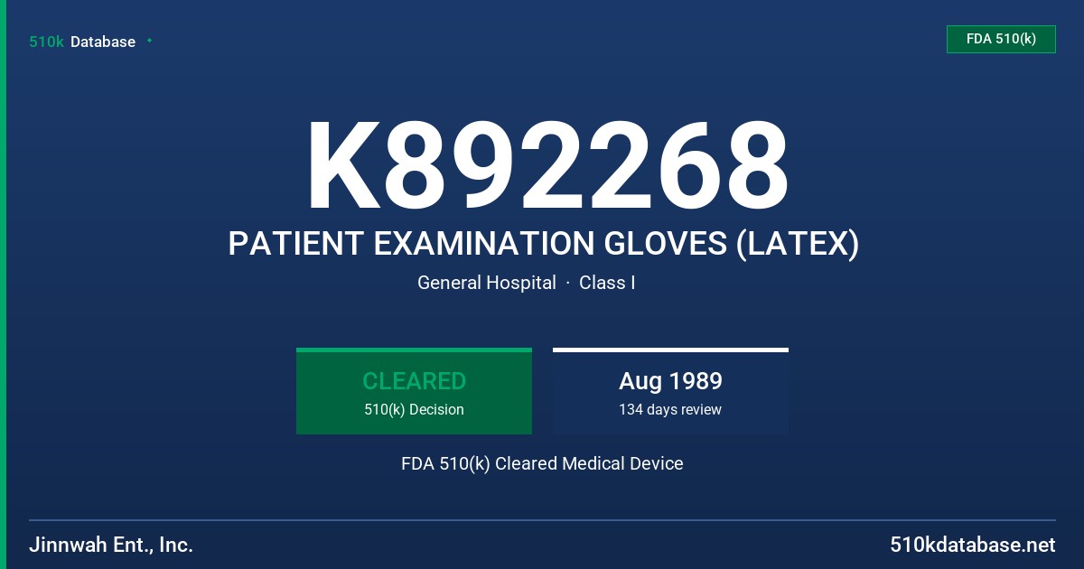 K892268 PATIENT EXAMINATION GLOVES (LATEX) FDA 510(k) Cleared Medical Device