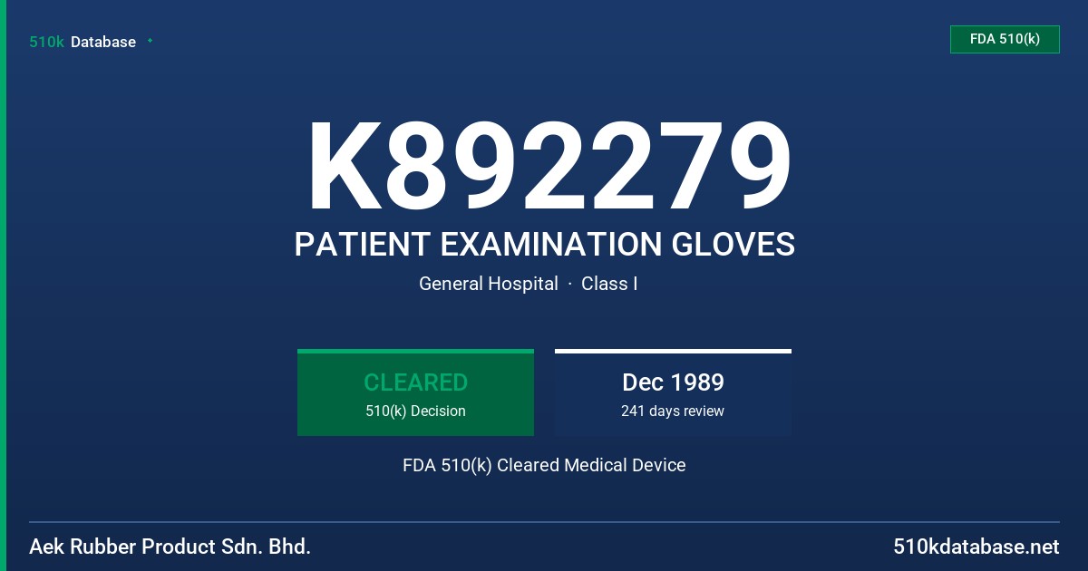 K892279 PATIENT EXAMINATION GLOVES FDA 510(k) Cleared Medical Device