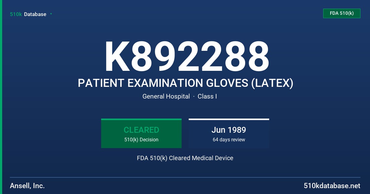 K892288 PATIENT EXAMINATION GLOVES (LATEX) FDA 510(k) Cleared Medical Device