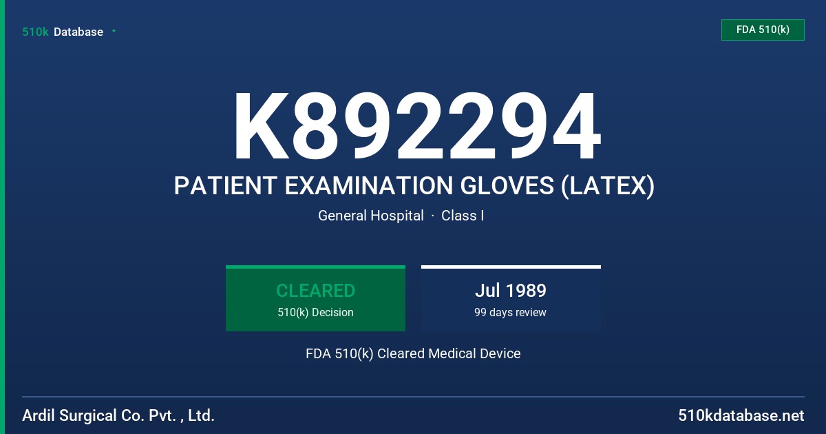 K892294 PATIENT EXAMINATION GLOVES (LATEX) FDA 510(k) Cleared Medical Device