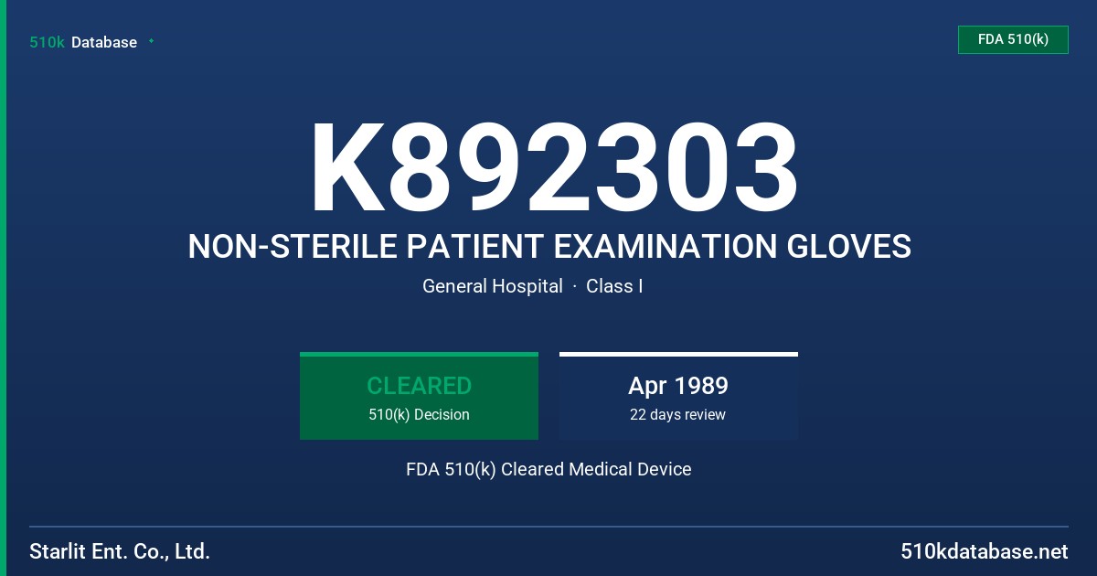 K892303 NON-STERILE PATIENT EXAMINATION GLOVES FDA 510(k) Cleared Medical Device