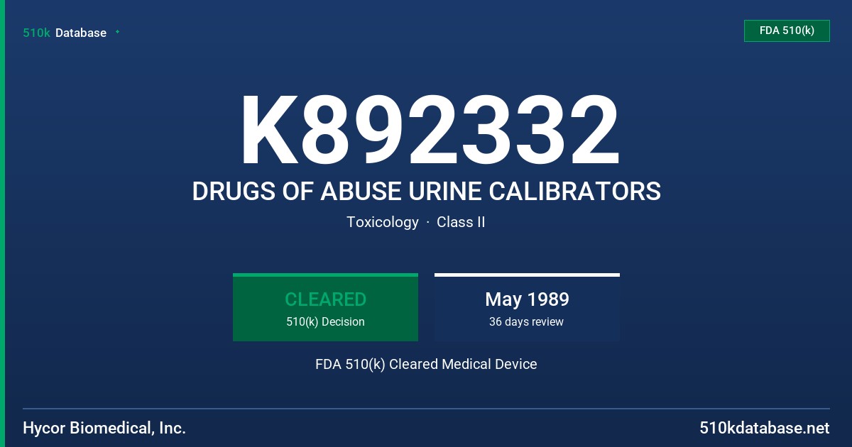 K892332 DRUGS OF ABUSE URINE CALIBRATORS FDA 510(k) Cleared Medical Device