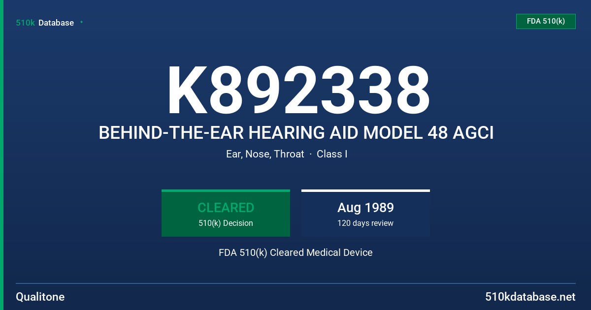 K892338 BEHIND-THE-EAR HEARING AID MODEL 48 AGCI FDA 510(k) Cleared Medical Device