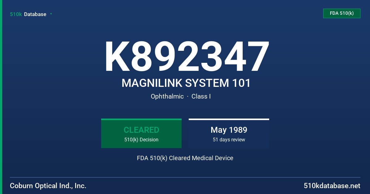K892347 MAGNILINK SYSTEM 101 FDA 510(k) Cleared Medical Device