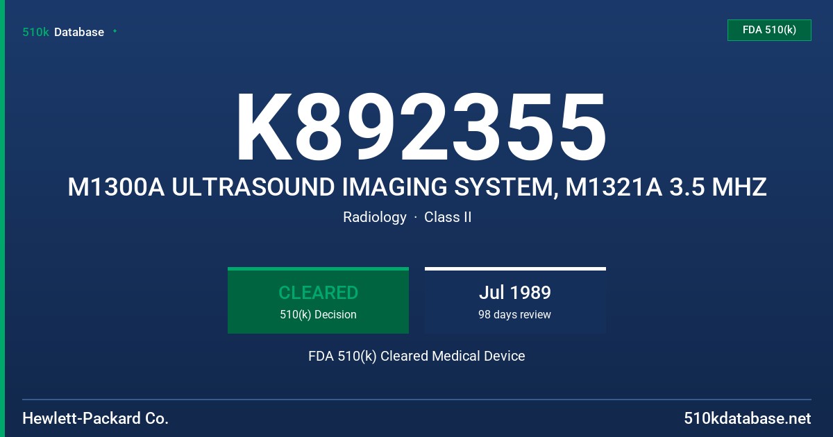 K892355 M1300A ULTRASOUND IMAGING SYSTEM, M1321A 3.5 MHZ FDA 510(k) Cleared Medical Device