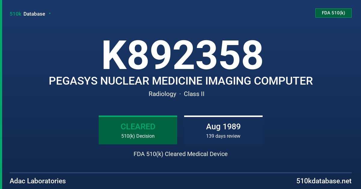 K892358 PEGASYS NUCLEAR MEDICINE IMAGING COMPUTER FDA 510(k) Cleared Medical Device