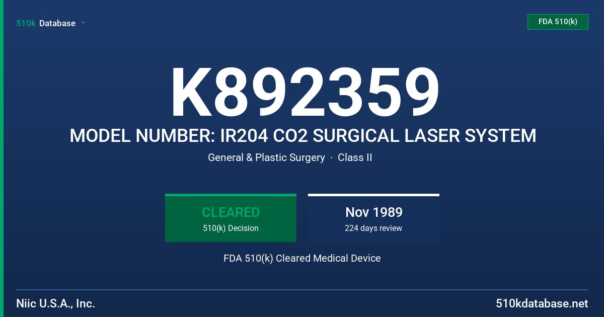 K892359 MODEL NUMBER: IR204 CO2 SURGICAL LASER SYSTEM FDA 510(k) Cleared Medical Device