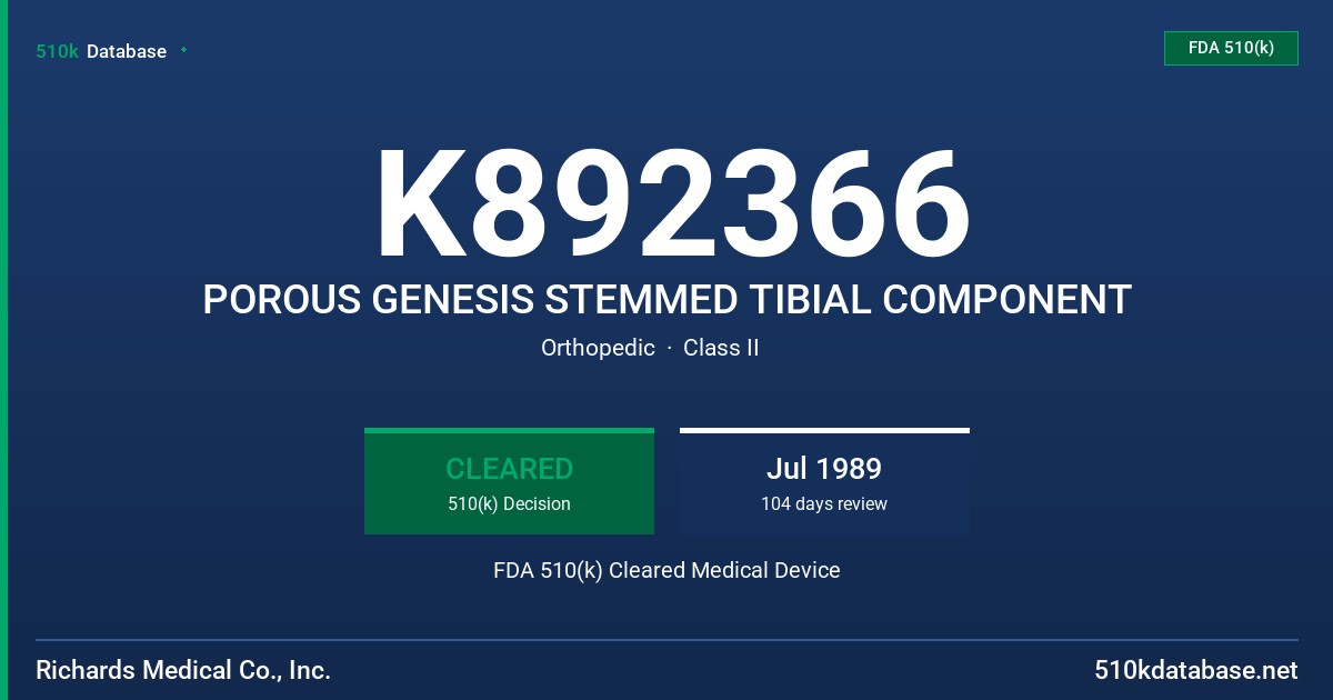 K892366 POROUS GENESIS STEMMED TIBIAL COMPONENT FDA 510(k) Cleared Medical Device
