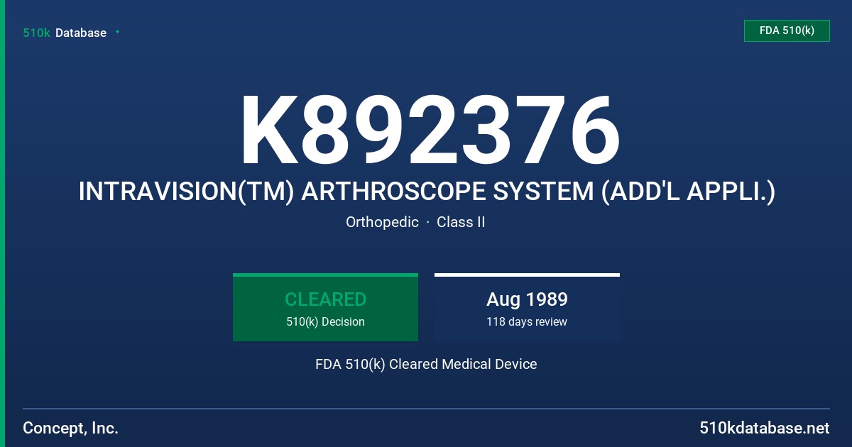 K892376 INTRAVISION(TM) ARTHROSCOPE SYSTEM (ADD'L APPLI.) FDA 510(k) Cleared Medical Device