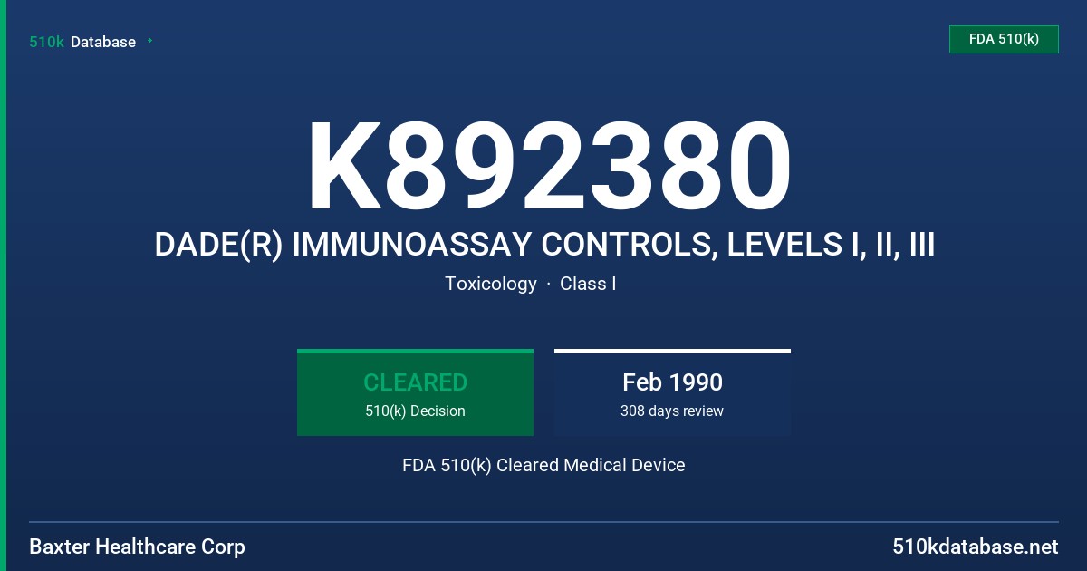 K892380 DADE(R) IMMUNOASSAY CONTROLS, LEVELS I, II, III FDA 510(k) Cleared Medical Device