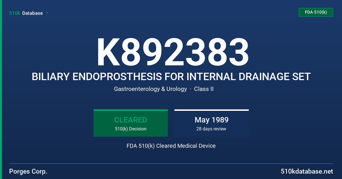 K892383 BILIARY ENDOPROSTHESIS FOR INTERNAL DRAINAGE SET FDA 510(k) Cleared Medical Device