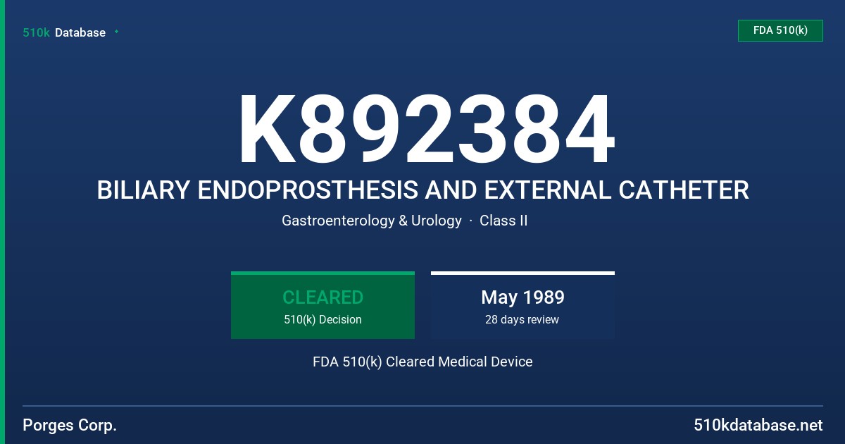 K892384 BILIARY ENDOPROSTHESIS AND EXTERNAL CATHETER FDA 510(k) Cleared Medical Device