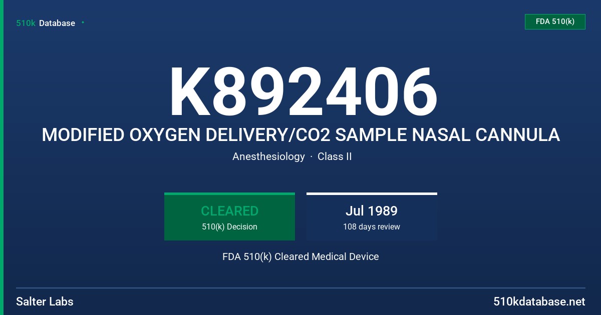 K892406 MODIFIED OXYGEN DELIVERY/CO2 SAMPLE NASAL CANNULA FDA 510(k) Cleared Medical Device
