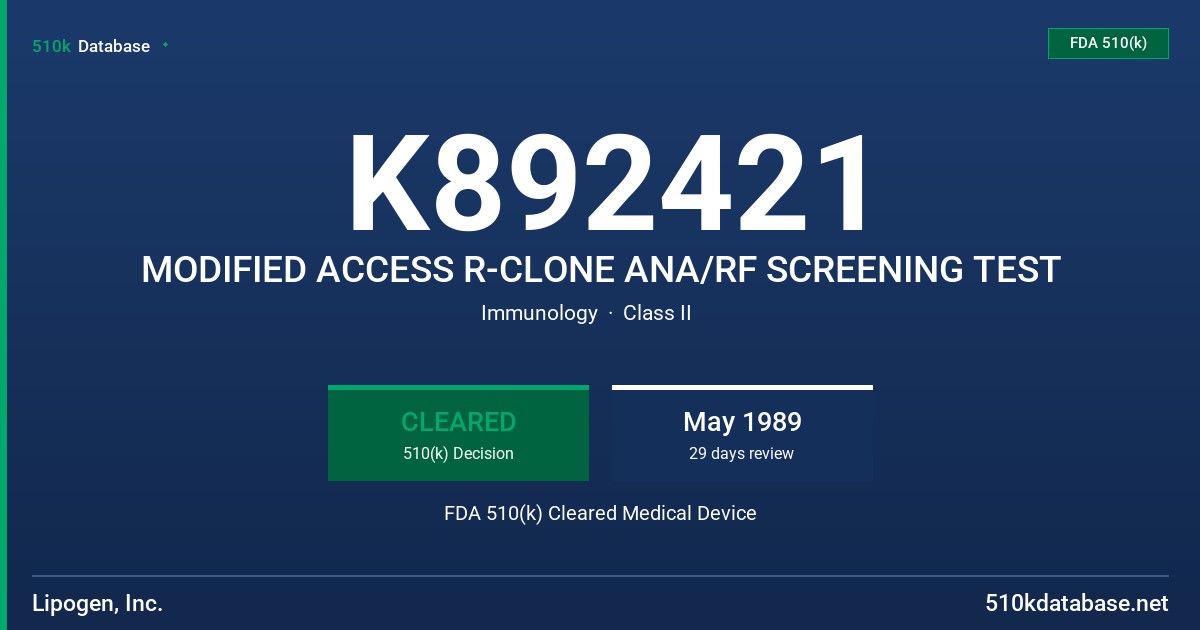 K892421 MODIFIED ACCESS R-CLONE ANA/RF SCREENING TEST FDA 510(k) Cleared Medical Device