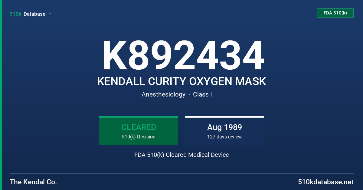 K892434 KENDALL CURITY OXYGEN MASK FDA 510(k) Cleared Medical Device
